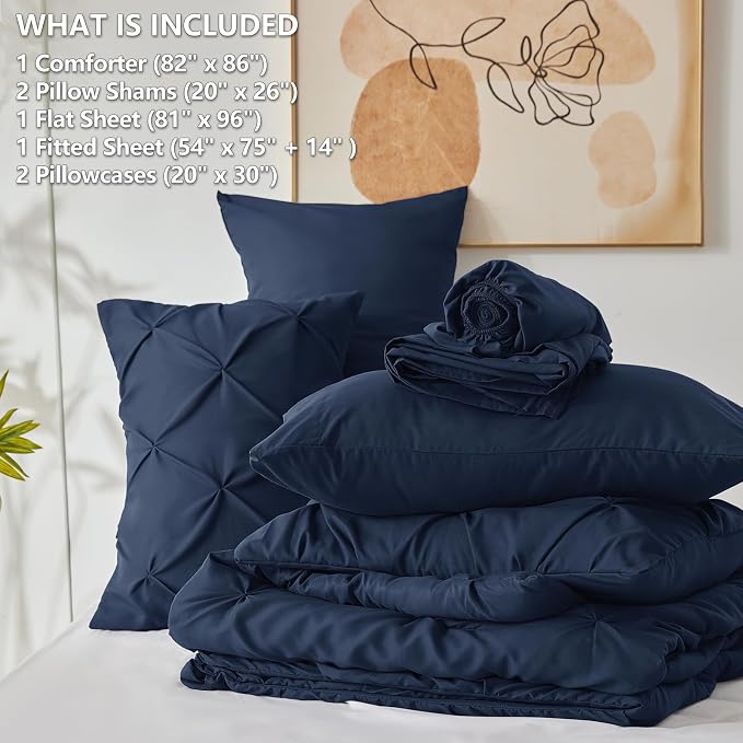 HIMEET Pintuck Bed in a Bag, 7 Pieces Full Size Comforter Set Navy Blue - Image 7