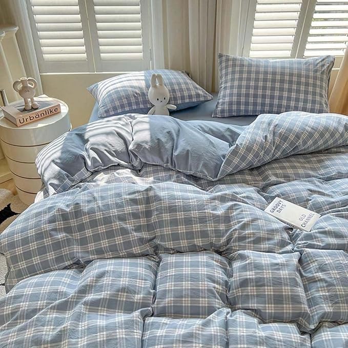 Nayoroom Plaid Duvet Cover Queen Size Blue Checkered Gingham Duvet Cover 3 Pcs - Image 2
