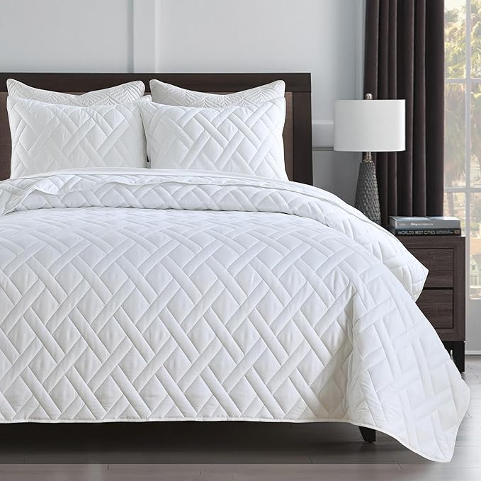 HORIMOTE HOME Quilt Set Queen Size White, Classic Geometric Diamond Stitched by HORIMOTEHOME