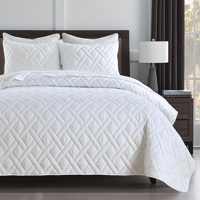 HORIMOTE HOME Quilt Set King Size White, Classic Geometric Diamond Stitched by HORIMOTEHOME