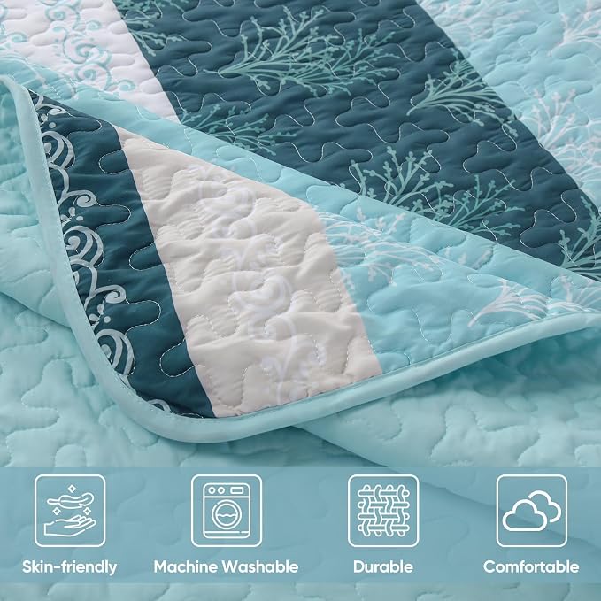 DJY Quilt Set Queen Size Light Blue Boho Striped Floral Bedspread Coverlet Set - Image 8