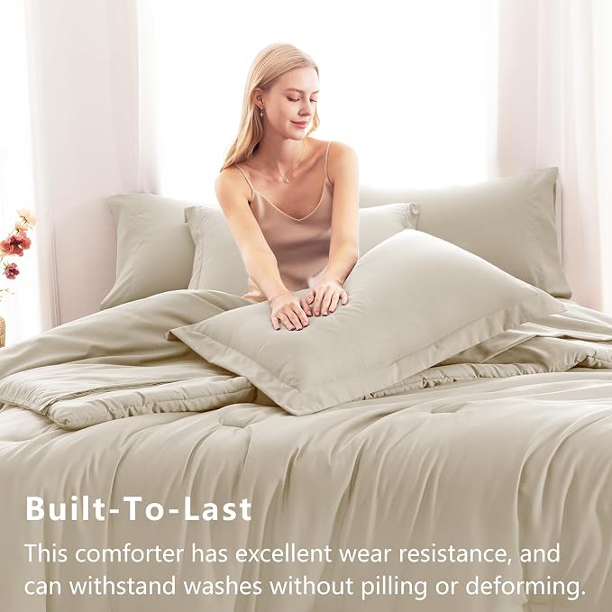CozyLux Queen Comforter Set Oatmeal, 7 Pieces Bed in a Bag Queen Comforter Set - Image 3
