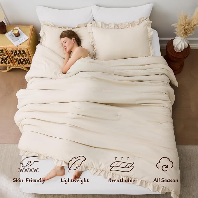 FUANNA Twin Comforter Set Beige, Ruffle Shabby Chic Twin Bed Set, Fluffy - Image 4