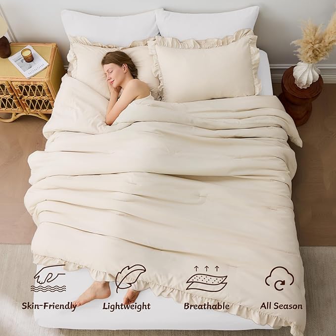 FUANNA King Size Comforter Set Beige, 3 Pieces Ruffle King Bedding Set - Image 4