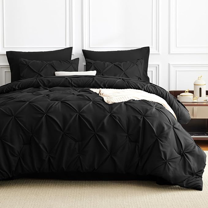 HIMEET Pintuck Bed in a Bag, 7 Pieces California King Comforter Set Black - Image 9