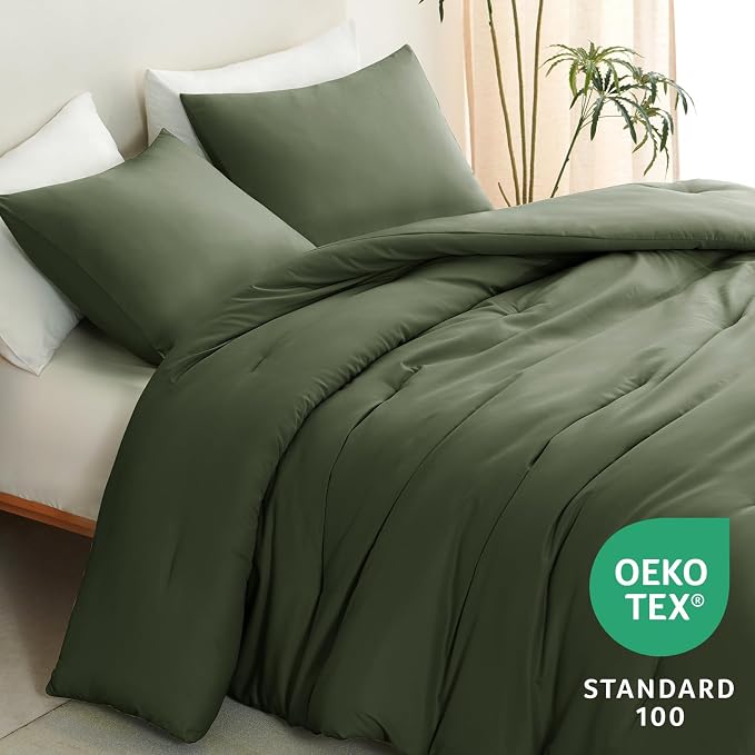 CozyLux Super King Plus Comforter Set Olive Green, 3 Pieces 128x120 Solid - Image 4