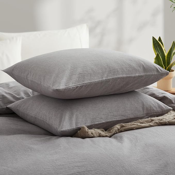 LOVQUE Light Grey Cotton Duvet Cover Queen Size, Linen Like Natural Bedding Set - Image 3