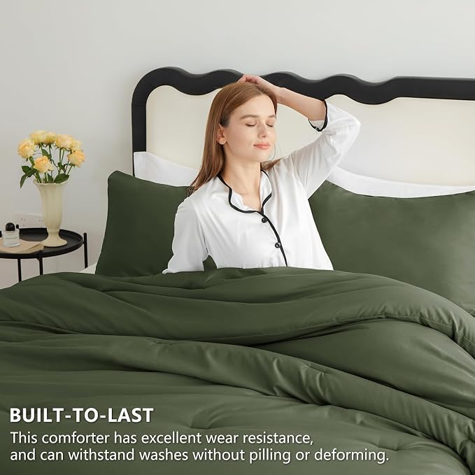 CozyLux Oversized King Comforter Set Olive Green, 3 Pieces 120x98 Solid - Image 3
