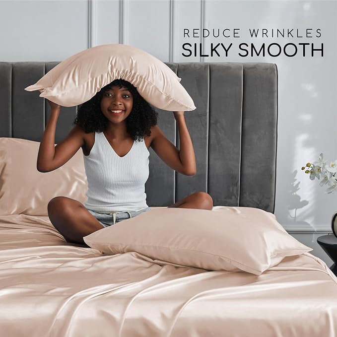 MR&HM Satin Bed Sheets, Queen Size Sheets Set - Image 4