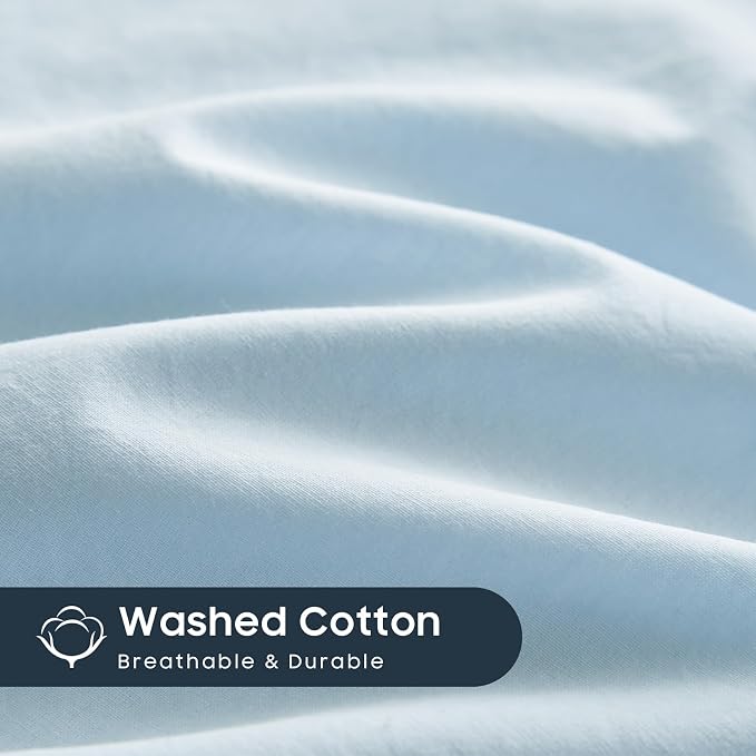 Wake In Cloud - Cotton Duvet Cover Set, Queen Size, Sky Blue, 100% Washed Cotton - Image 7