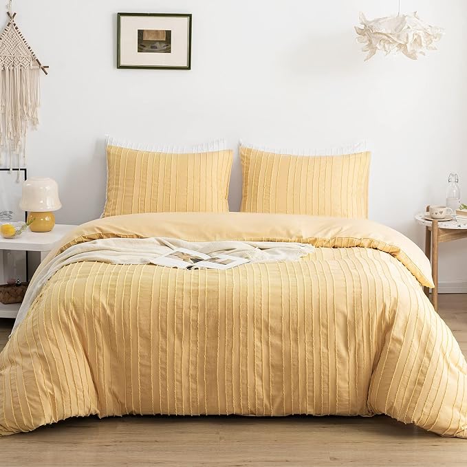 WARMDERN Yellow Boho Duvet Cover Set King Size, Striped Textured Duvet Cover by WARMDERN