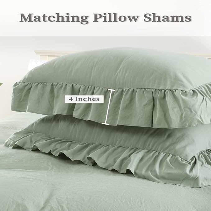 Ruffle Duvet Cover Queen Size, Sage Green, 90x90 in - Image 3