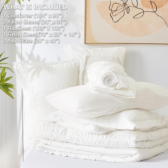CozyLux King Size Comforter Set White Seersucker 7 Pieces Bed in a Bag King - Image 6