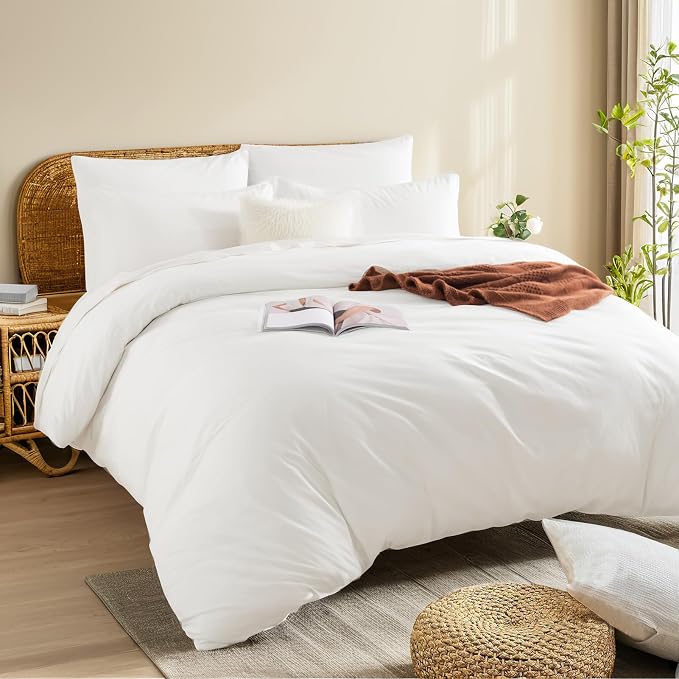 NEXHOME PRO Duvet Cover Set 100% Washed Cotton Full Size Linen Feel Textured - Image 3