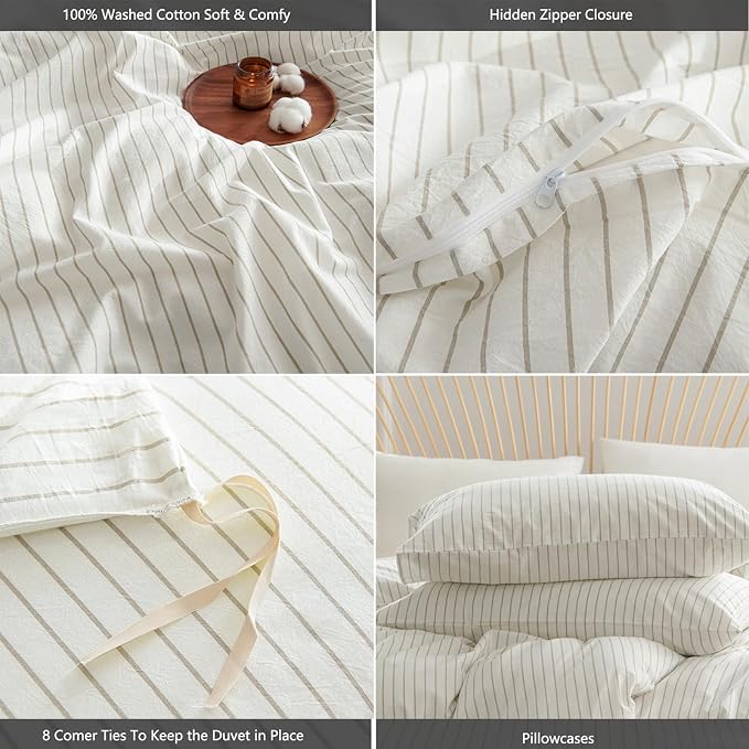 Nayoroom Striped Duvet Cover Queen Size 100% Washed Cotton White Brown Stripe - Image 6