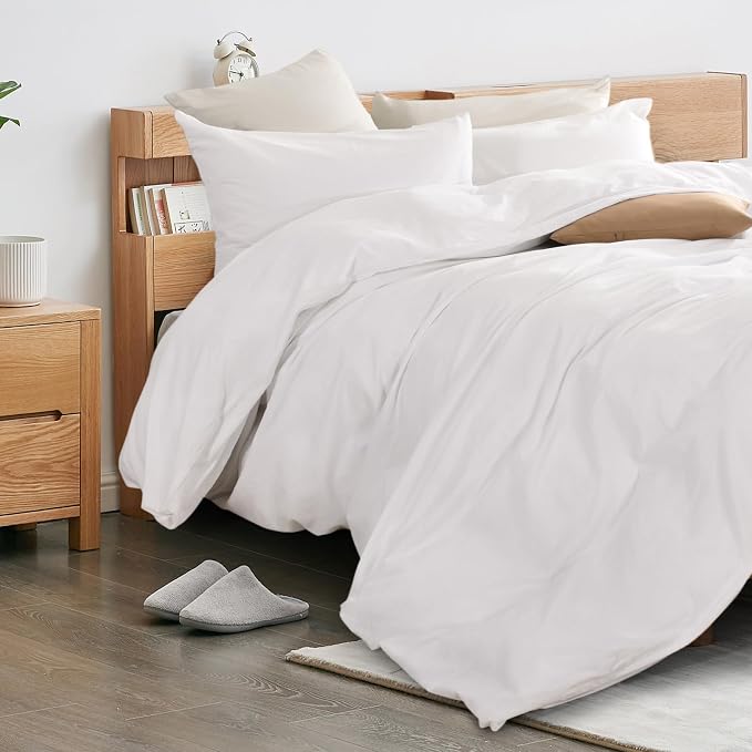 NEXHOME PRO Cotton Duvet Cover Set King Size Linen Feel White Organic Natural - Image 3
