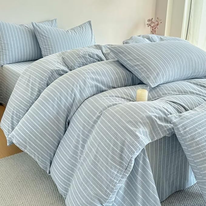 PinkMemory Blue Striped Duvet Cover Set Queen 100% Washed Cotton Blue Stripes - Image 2