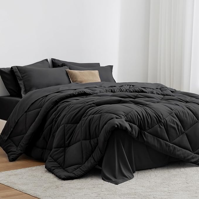Love's cabin Oversized Queen Comforter Set Black, 7 Pieces Bed in a Bag by Lovescabin