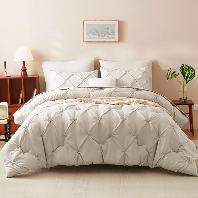 HIMEET Pintuck Bed in a Bag, 5 Pieces Twin Comforter Set Beige, Pinch Pleat Bed - Image 8