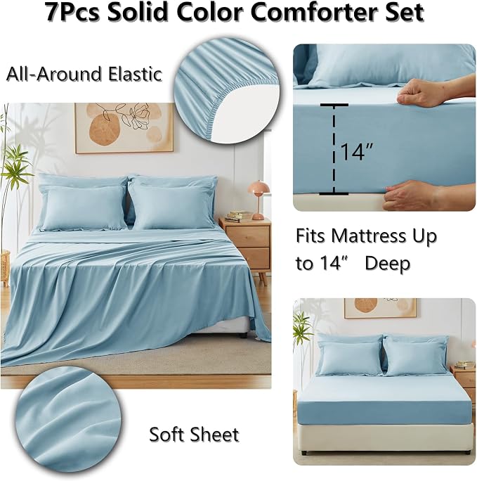 CozyLux Queen Comforter Set Light Blue, 7 Pieces Bed in a Bag Queen Comforter - Image 6