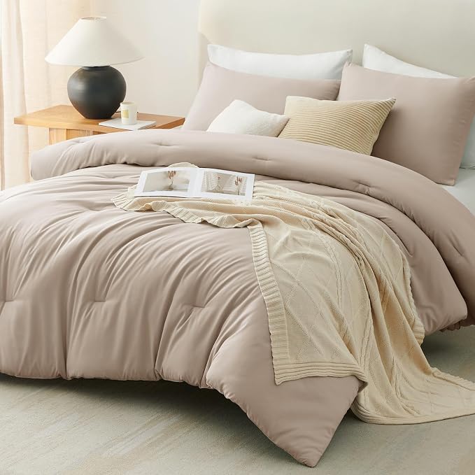 CozyLux Full Size Comforter Set Wheat, 3 Pieces Solid Breathable Quilted - Image 9