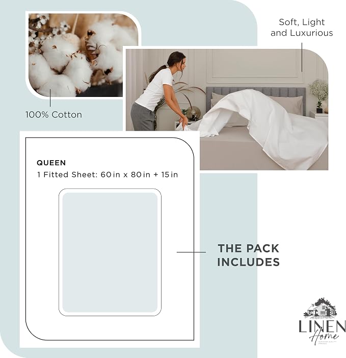 Linen Home 100% Cotton Percale Weave Fitted Sheet, Queen Size, 1 Deep Pocket - Image 6