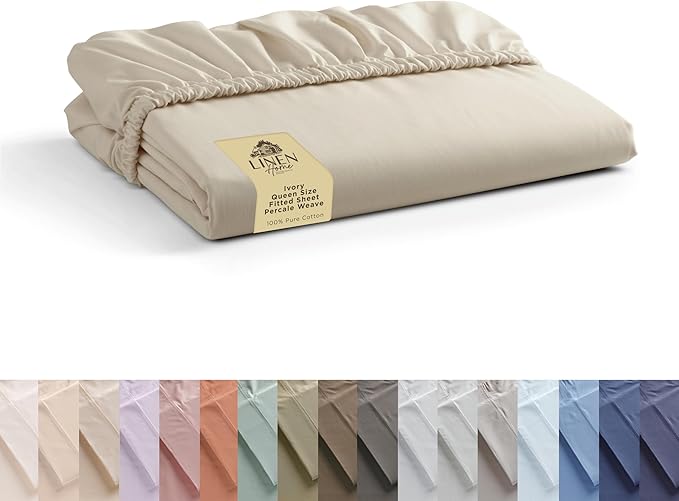 Linen Home 100% Cotton Percale Weave Fitted Sheet, Queen Size, 1 Deep Pocket by LINENHOME