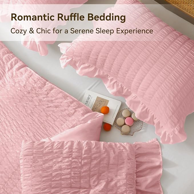 JOLLYVOGUE Pink Twin Size Comforter Set, 2 Pieces Seersucker Lightweight Fluffy - Image 4