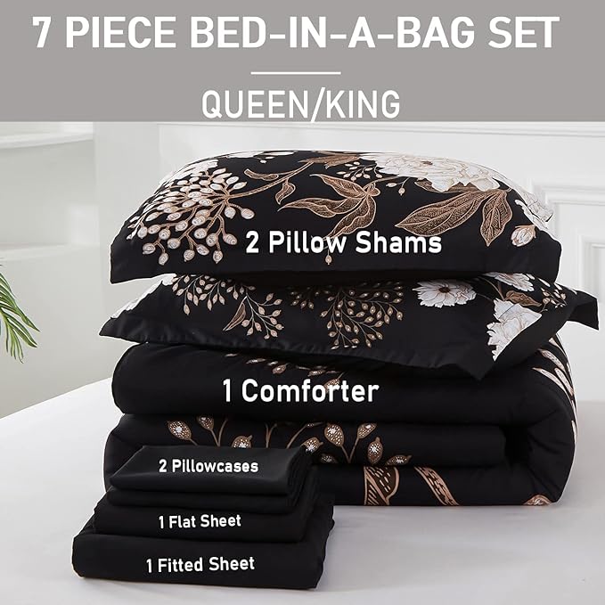 Yogeneg 7 Piece Bed in a Bag King Size Comforter Set Botanical Floral Bedding - Image 6