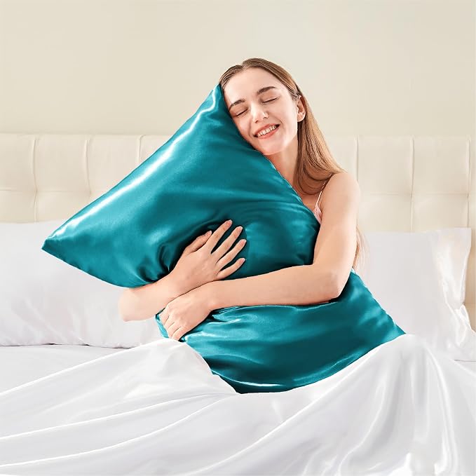 BEDELITE Satin Pillowcase with Zipper, Teal Pillow Cases Queen Size Set of 2 - Image 2