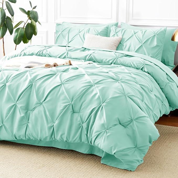 CozyLux Full Size Comforter Sets Mint Green, 7 Pieces Pintuck Bed in A Bag by CozyLux