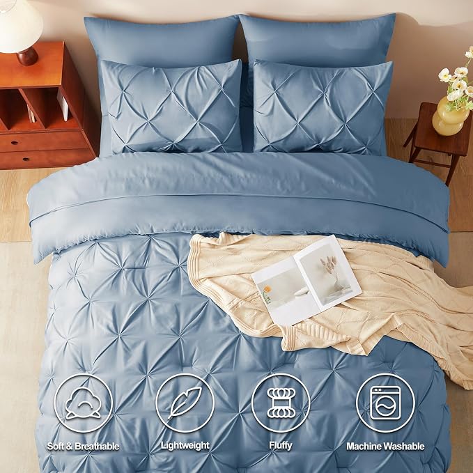 CozyLux Queen Comforter Set Grayish Blue, 7 Pieces Pintuck Bed in A Bag - Image 2