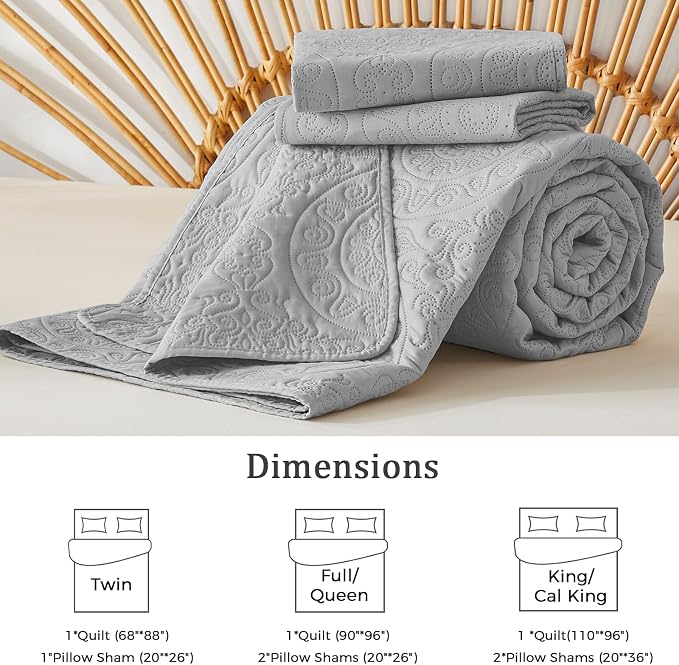 WURUIBO Light Gray Quilt Set King/Cal King Size, Embossing Microfiber Bedspreads - Image 6