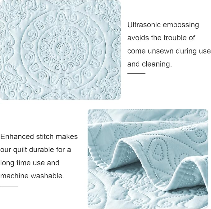 WURUIBO Sky Blue Quilt Set King/Cal King Size, Embossing Microfiber Bedspreads - Image 4