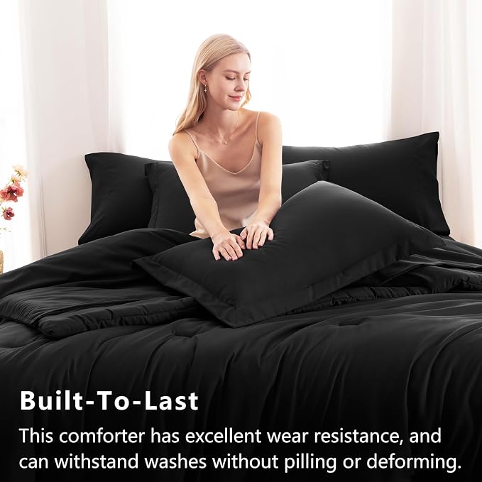 CozyLux Queen Comforter Set Black, 7 Pieces Bed in a Bag Soft Bedding Comforter - Image 3
