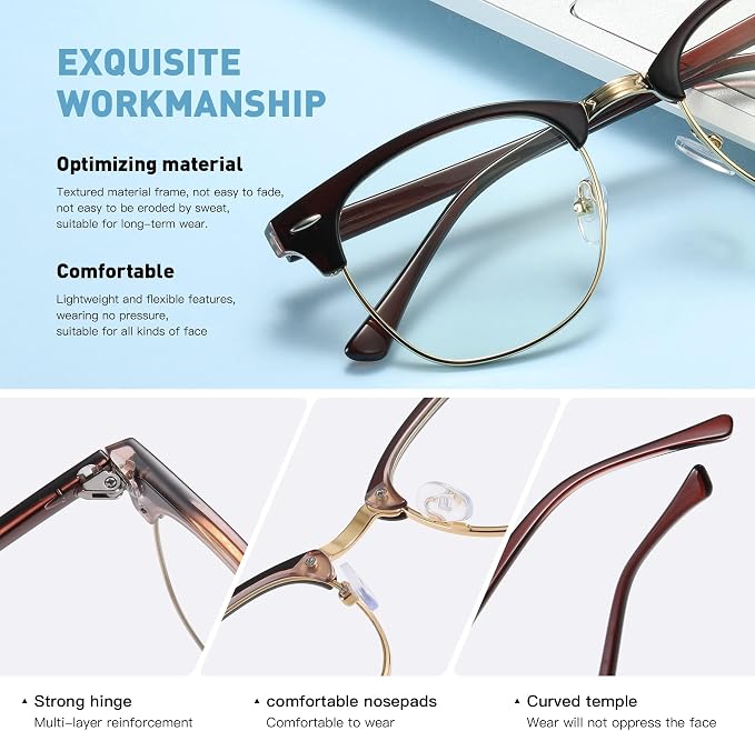 Blue Light Blocking Glasses Vintage Half Frame UV Clear Lens Anti Eyestrain - Image 3