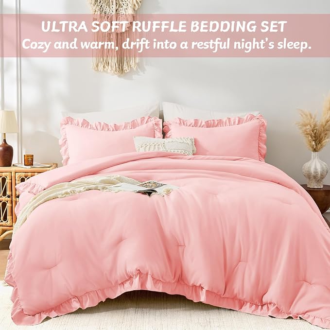 FUANNA Full Size Comforter Sets Pink, 3 Pieces Ruffle Full Size Bedding Sets - Image 5