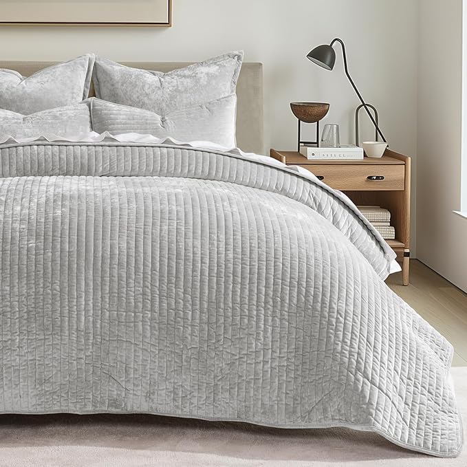 EVERGRACE Velvet Quilt Set Queen Size, Luxurious Soft Striped Channel Bedding - Image 8