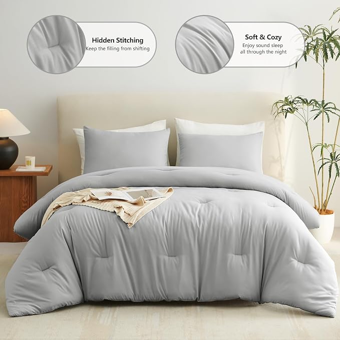 CozyLux Full Size Comforter Set Light Grey, 3 Pieces Solid Breathable Quilted - Image 2
