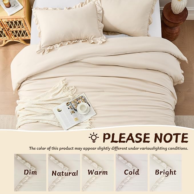 FUANNA King Size Comforter Set Beige, 3 Pieces Ruffle King Bedding Set - Image 7