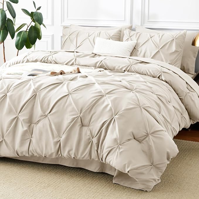 HIMEET Pintuck Bed in a Bag, 5 Pieces Twin Comforter Set Beige, Pinch Pleat Bed - Image 9
