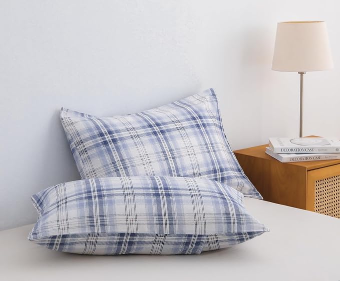 SLEEPBELLA Blue White Grid Duvet Cover Set, 100% Cotton Bedding, Buffalo Plaid - Image 3