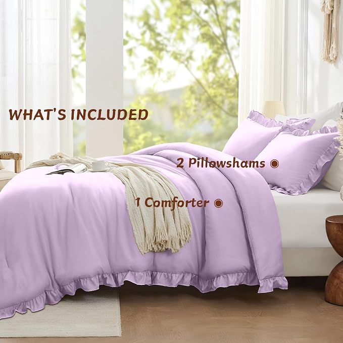 FUANNA Full Size Comforter Sets Lavender, 3 Pieces Ruffle Full Size Bedding Sets - Image 5