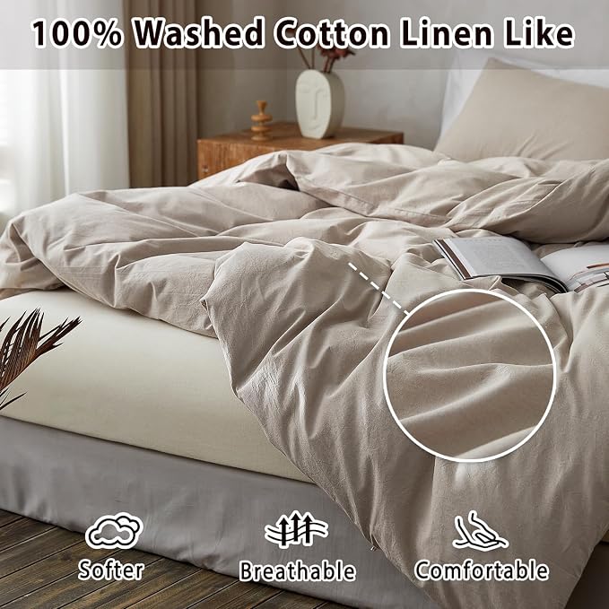 TOCOMOA Duvet Cover Set 100% Washed Cotton Linen Feel Soft Comfy Breathable 3 - Image 5