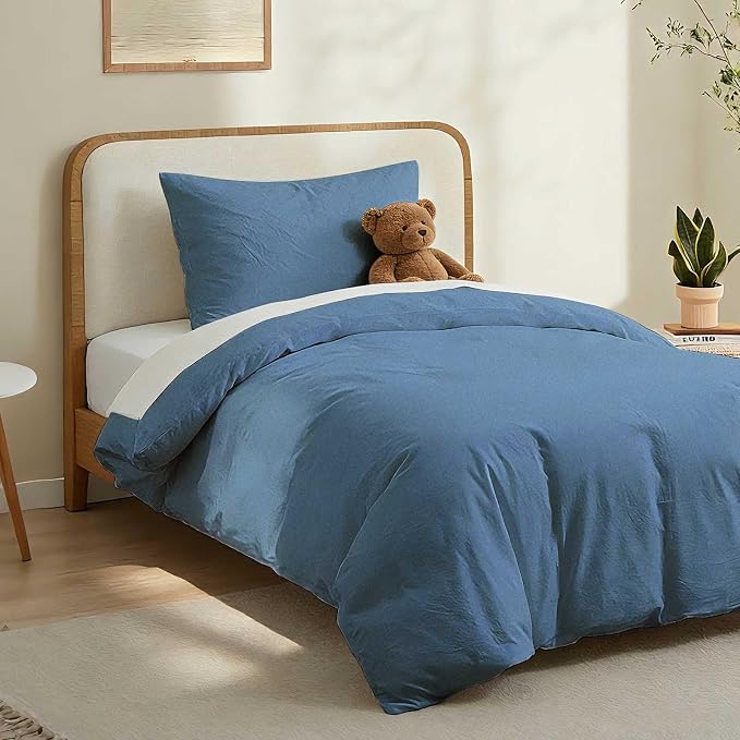 LOVQUE 100% Washed Cotton Duvet Cover Twin Size, Denim Blue Fade-Resistant - Image 2