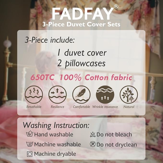 FADFAY Floral Duvet Cover Queen 100% Cotton Blue Green Farmhouse Bedding Super - Image 9