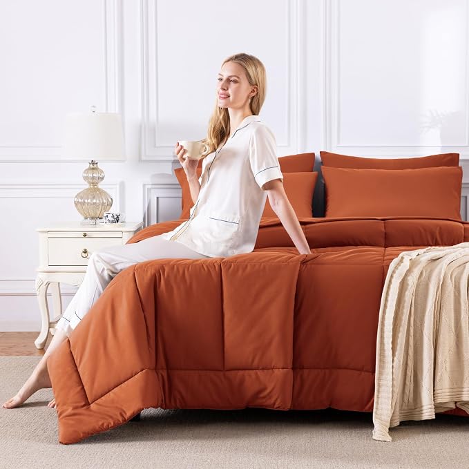 CozyLux Queen Comforter Set Terracotta, 7 Pieces Bed in a Bag, Burnt Orange - Image 7
