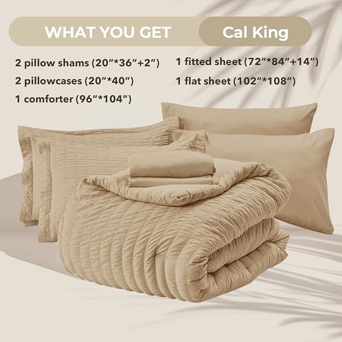 HYMOKEGE Khaki California King Comforter Set Seersucker 7 Pieces, All Season - Image 5