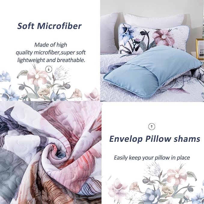 Floral Quilt Set Queen 3 Pieces Light Blue Floral Quilt Coverlet Set Soft - Image 6