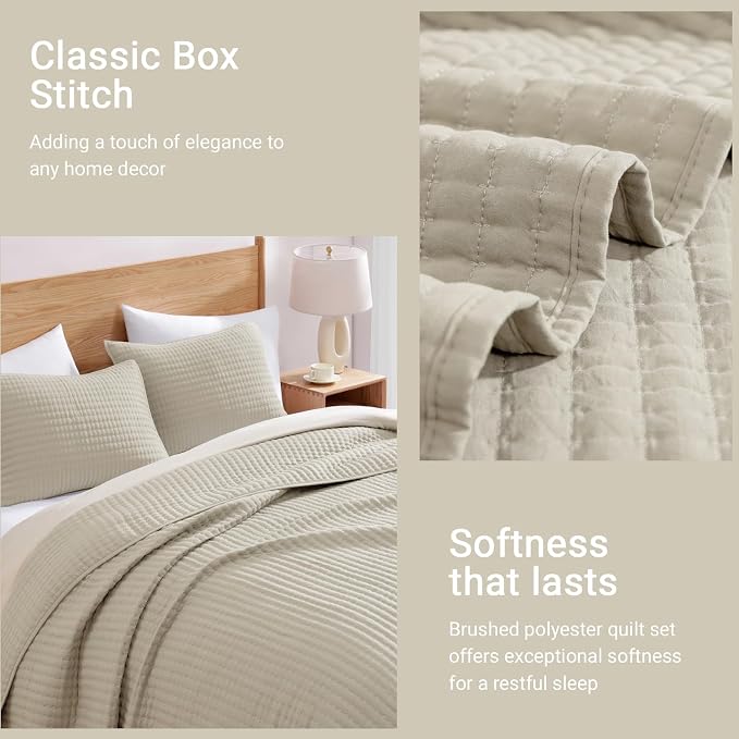 WRENSONGE Queen Quilt-3 Pieces Lightweight Bedspreads Light Oatmeal Queen Size - Image 5